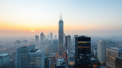 Misty Morning Cityscape with Tall Buildings. Misty morning cityscape featuring tall skyscrapers and modern buildings, with a serene and calm urban atmosphere.