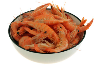 Saladier de crevettes cuites en gros plan sur fond blanc.