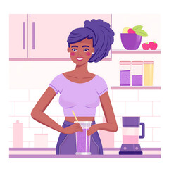 African American Woman Making a Smoothie in Modern Kitchen. Generative AI.