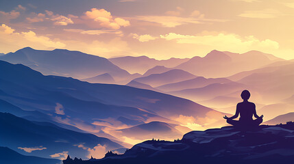 Obraz premium Peaceful Meditation at Dusk on Mountain Top with Scenic Landscape and Copy Space