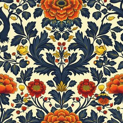 Red, white, and blue flower pattern on white backdrop with vibrant floral design