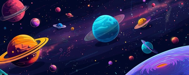 Colorful planets and moons in outer space with a vibrant cosmic background