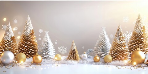 Elegant holiday scene with gold and white Christmas trees, pinecones, and ornaments on a snowy surface, evoking festive and wintery vibes.
