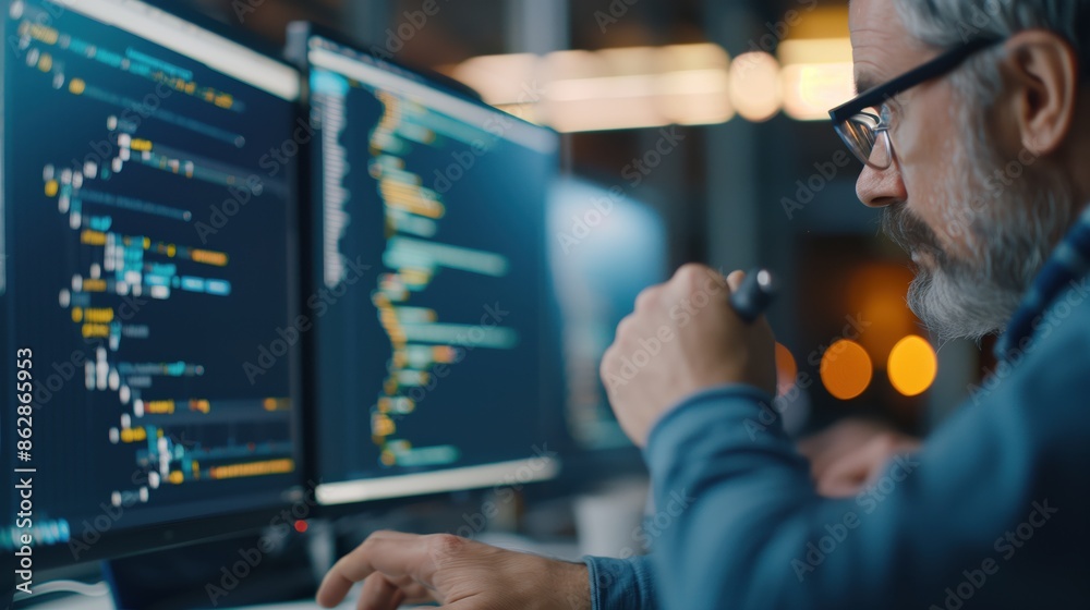 Poster man in glasses analyzing code on dual monitors. man wearing glasses analyzing code on dual monitors,