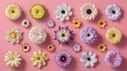 Different beautiful flowers on pink background flat lay