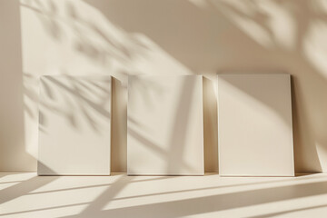 Layout composition of three blank posters standing on the floor in a sunlit room, minimalist style, beige color