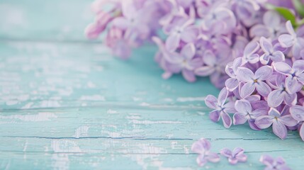 Obraz premium Purple lilac flowers arranged on a wooden table with scattered petals, creating a rustic and fresh spring atmosphere.