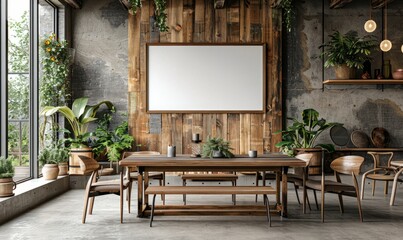 Rustic dining room with a blank frame on the buffet
