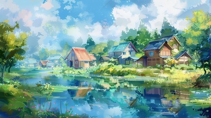 Scenic village landscape with charming houses by a serene river, surrounded by lush greenery and vibrant colors under a bright, clear sky.