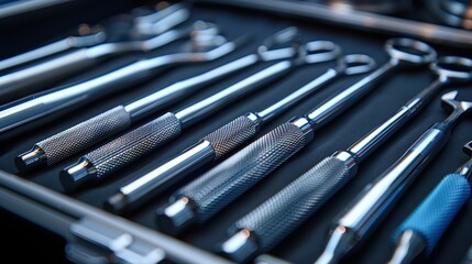 Close-Up of Surgical Instruments in Case. Close-up view of neatly arranged surgical instruments in a case, showcasing the precision tools used in medical procedures.