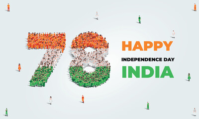 15th of August Happy Independence Day India. A large group of people form to create the number 78. Indian people in traditional dress or clothings. Vector illustration. 