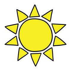 Hand drawn cartoon sun icon on white background.