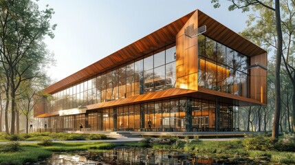 Fototapeta premium A Modern Glass And Wood Building Surrounded By Lush Greenery. Generative AI