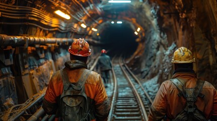 Obraz premium Miners Walking in Tunnel. Two miners walking in a well-lit tunnel, wearing protective gear and helmets, showcasing underground mining operations.