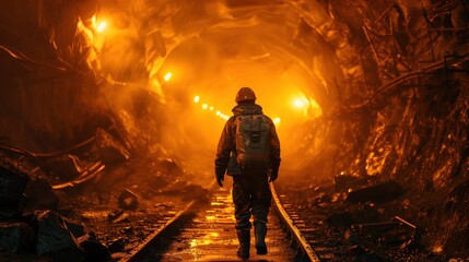 Miner Walking in Glowing Tunnel. Lone miner walking through a tunnel illuminated by warm orange lights, highlighting the intense environment of underground mining.