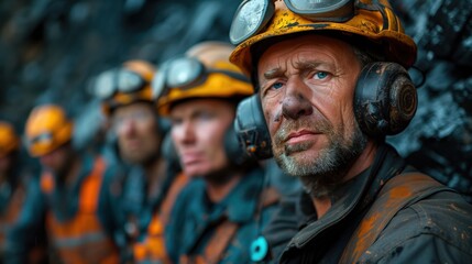 Fototapeta premium Senior Miner with Team. Senior miner with weathered face, wearing earmuffs and helmet, stands with his team, ready for a hard day's work.