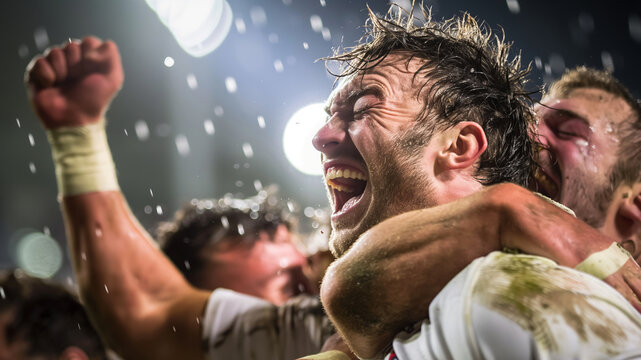 Rugby players celebrate their victory in the rain, showcasing pure joy and emotion on the field.