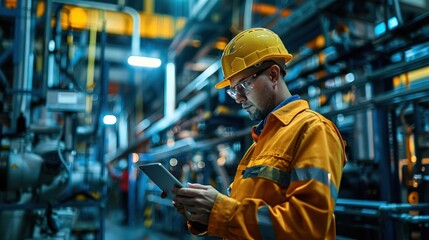 Industrial engineer in safety gear using a digital tablet in a modern factory with advanced machinery and equipment.