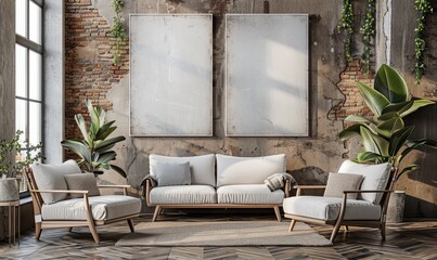 Modern living room with a blank canvas on the wall