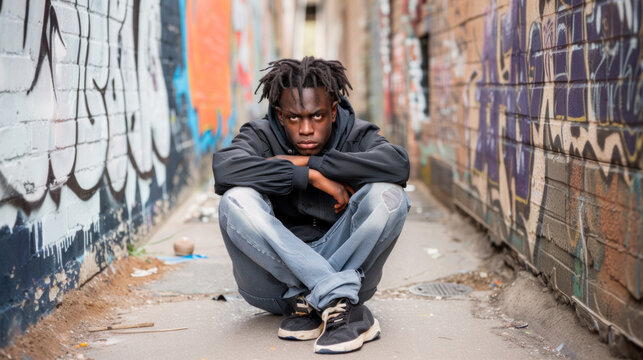 Poor, depressed, unemployed young man sits on dirty pavement in graffiti-covered alley