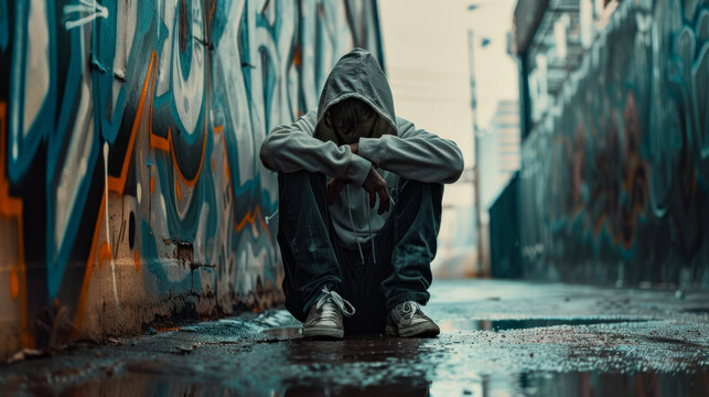 Poor, depressed, unemployed young man sits on dirty pavement in graffiti-covered alley