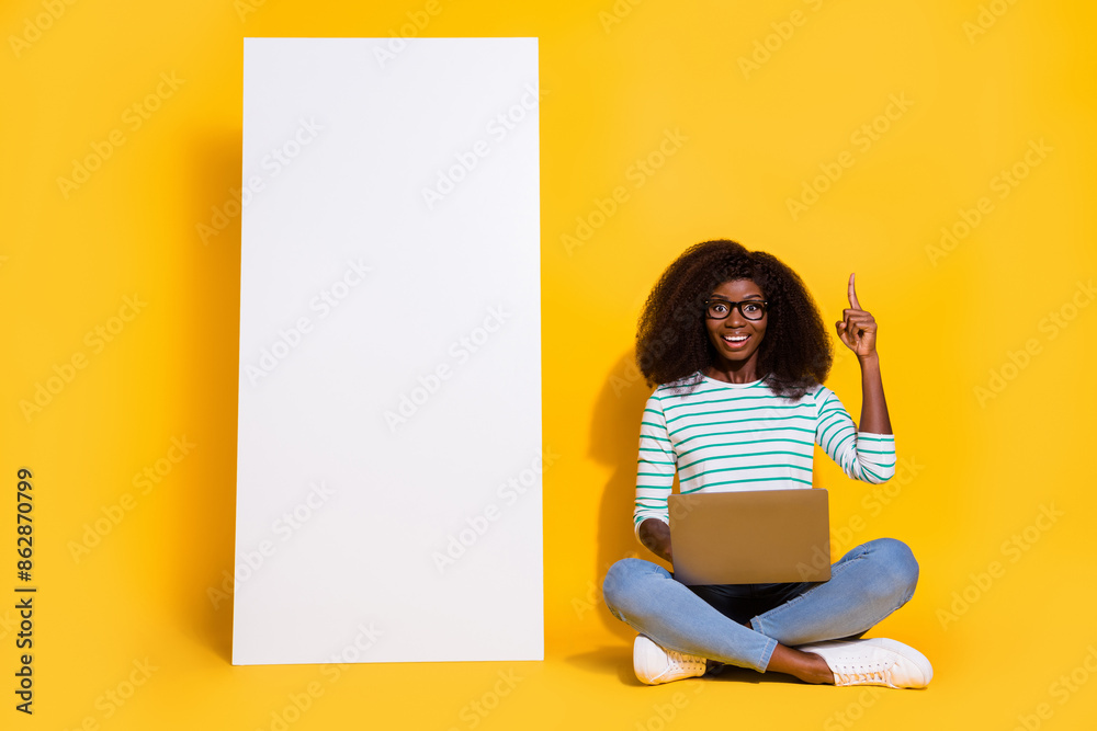 Sticker Full size photo of creative positive girl point finger use netbook empty space ui panel isolated on yellow color background