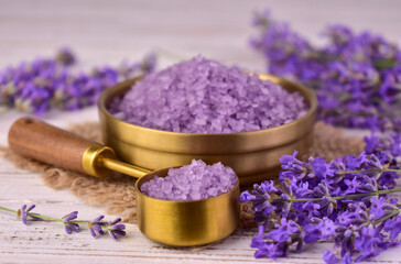 Bath salt with the scent of lavender flowers. Close-up.