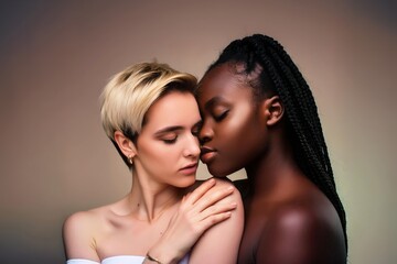 Two women falling in love. Romantic multiethnic couple hugging each other for the first time kiss. Valentine's day concept. 