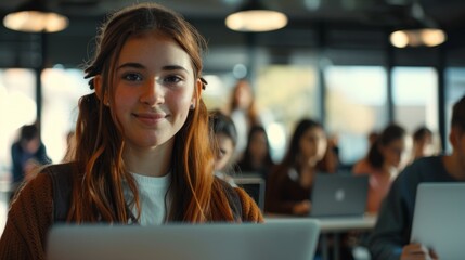 Young Woman in a Classroom Using a Laptop - Generative AI