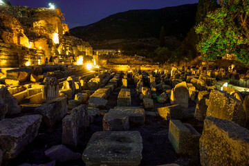 20 June 2024 Selcuk Izmir Turkey. Ephesus Efes antique city with library theatre and artcitectural details at sunset