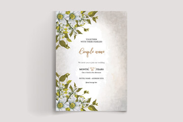 WEDDING INVITATION FRAME WITH FLOWER DECORATIONS AND FRESH LEAVES 