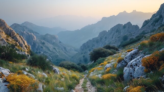 High mountain pass with rugged terrain and a narrow path winding through it under a clear sky