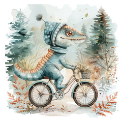 Watercolor beautiful cute dinosaurs on a bicycle. Vector illustration.