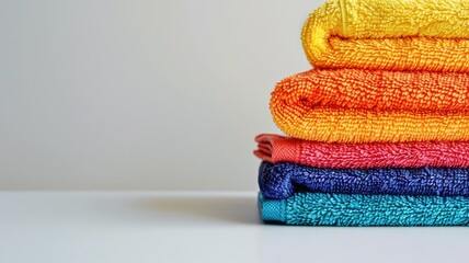 Folded colorful towels stacked neatly on white surface