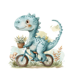Watercolor beautiful cute dinosaurs on a bicycle. Vector illustration.