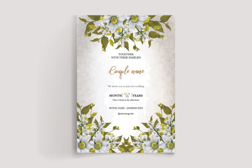 WEDDING INVITATION FRAME WITH FLOWER DECORATIONS AND FRESH LEAVES 