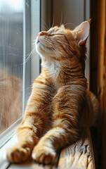 A relaxed orange tabby cat basking in the sunlight by the window, enjoying a peaceful moment indoors.