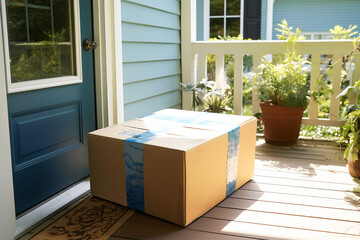 A large cardboard box at the doorstep of a house, representing the concept of package delivery.