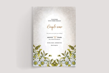 WEDDING INVITATION FRAME WITH FLOWER DECORATIONS AND FRESH LEAVES 