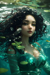 A girl with curly black hair diving in under water sea, mermaid look 
