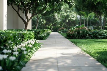 Obraz premium Tranquil Traditional European Garden with Hedges, Flowers, and Stone Pathways