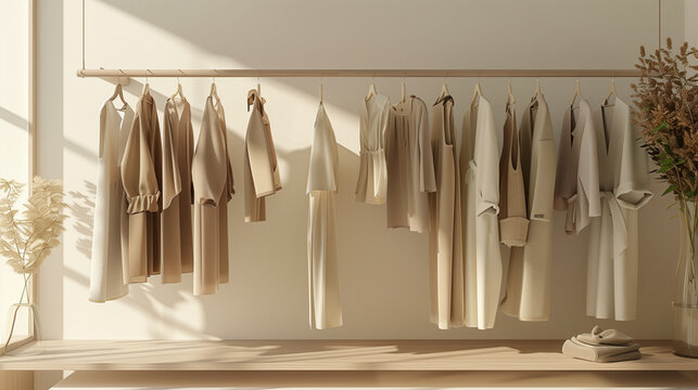 Clothes on grunge background, shelf on cream background, Collection of clothes hanging on a rack in neutral beige colors, 3d rendering, store and bedroom concept