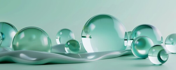 Abstract glass spheres on a smooth surface with a pastel green background