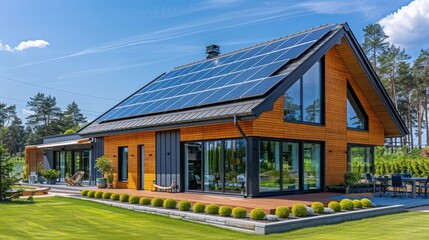 Obraz premium A contemporary eco-friendly house featuring solar panels, large windows, and a lush green garden under a clear blue sky.