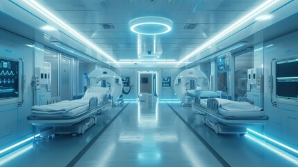 Fototapeta premium A high-tech hospital room featuring advanced medical equipment, neon lighting, and a sterile, modern design.
