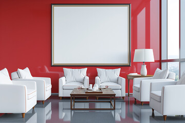 Mockup canvas frame in a red waiting room for clients, featuring white armchairs and a coffee table