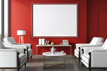 modern living room with red sofa, Mockup canvas frame in a red waiting room for clients, featuring white armchairs and a coffee table