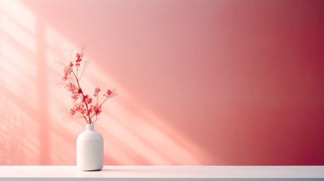 A minimalist white vase holds delicate pink flowers placed on a white surface, set against a soft pink gradient wall with diagonal shadows cast by the window light.
