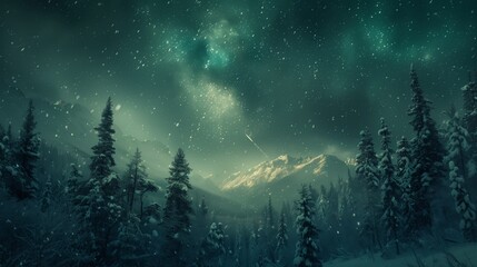 Naklejka premium Nature Photography: Ultra-realistic image of a dense snowy forest during nighttime with falling snowflakes and a glowing sky