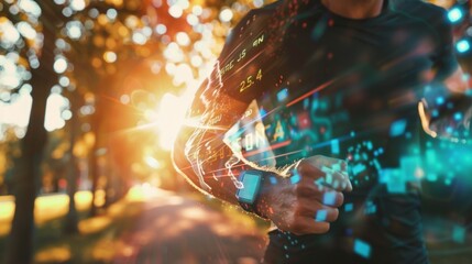 Runner with Smartwatch in Sunlit Park - Generative AI